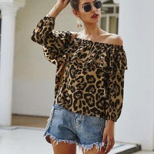Viv's Women's Size L Off Shoulder Brown Animal Print Flounce Top